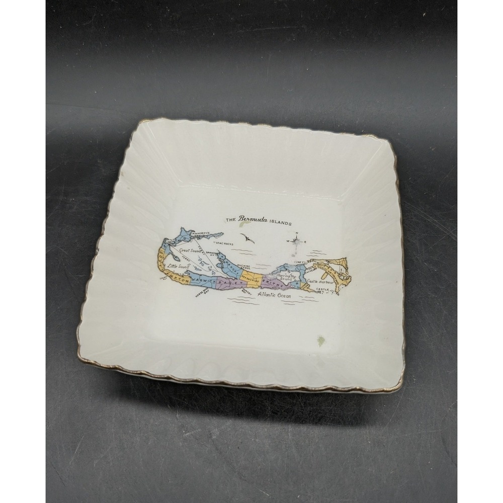 Paragon China Bermuda Islands Map Trinket Dish Square Scalloped Gold Trim